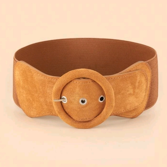 Round buckle brown elastic suede corset wide boho stretch waist statement belt - Picture 4 of 6